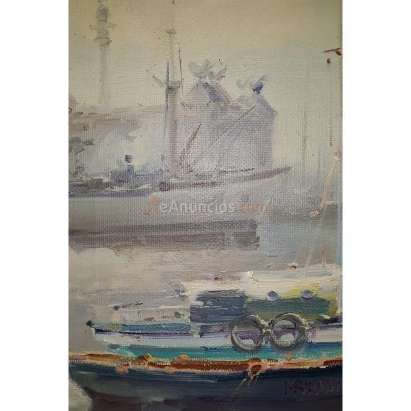 OLEO SOBRE LIENZO, PUERTO DE BARCELONA, FIRMADO