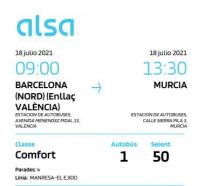 Billetes ida y vuelta 1807 barcelona - murcia bus
