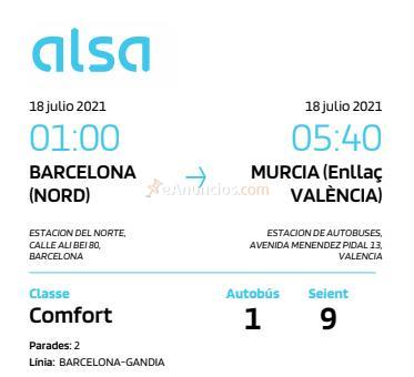 Billetes ida y vuelta 1807 barcelona - murcia bus